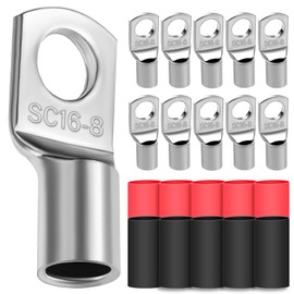 10x Tube Cable Lugs 16 mm² Cable Lugs Hole Diameter M8 Ring Cable Lug Thickened Copper Uninsulated SC Cable Lug with 10 Heat Shrink Tubing 3: 1