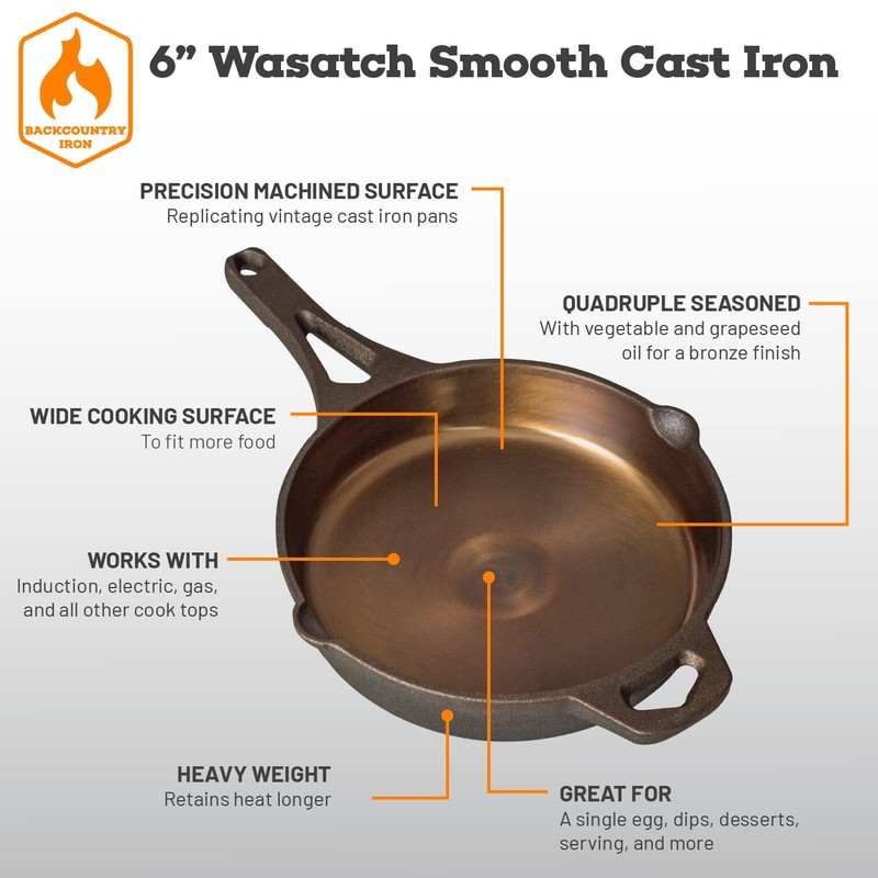 Backcountry Iron 6 Inch Smooth Wasatch Pre-Seasoned Round Cast Iron