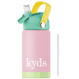 kyds® Children's Water Bottle, Thermal Stainless Steel Water Bottle, Leak-Proof, with Straw, Hygienic Flip Lid, BPA-Free, Dishwasher Safe, Drinking Bottle for School, Sports (Pink/Light Green, 350