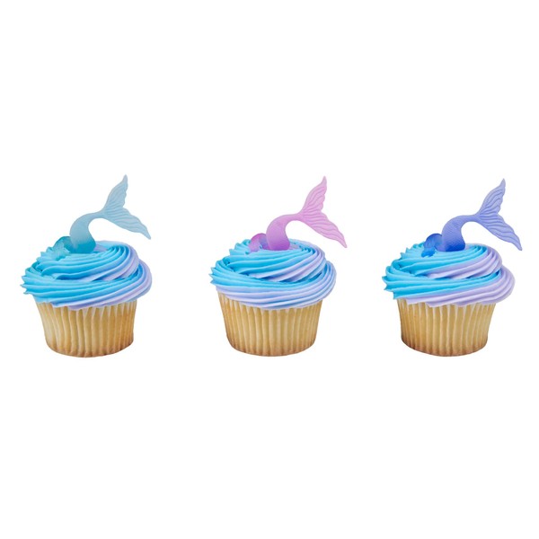 DECOPAC - Anillos para cupcakes con forma de cola de sirena, adornos para tartas, decoraciones multicolores seguras para alimentos para fiestas, paquete de 24