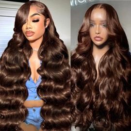 mogge 32 Inch Chocolate Brown Lace Front Wig Human Hair 13x6 Hd Body Wave Brown Lace Front Wigs Human Hair 200 Density 4# Colored Wigs Brown Wig Human Hair Pre Plucked Frontal Wig Human Hair