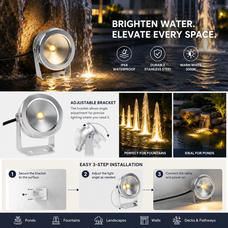 10W LED Landscape Spotlight for Ponds – 12V Stainless Steel