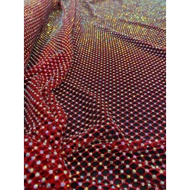 luv Rhinestone on red Mesh Shiny Stretch Crystal Fabric Rainbow Rhinestone Stretch