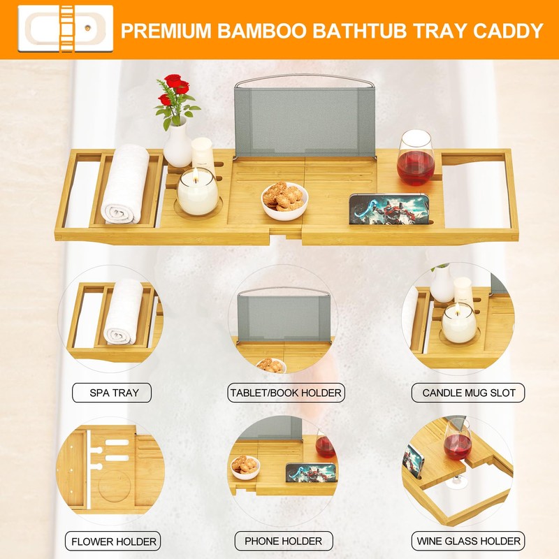 Premium Bathtub Tray Caddy, Expandable Bath Tray for Bathub, Luxury