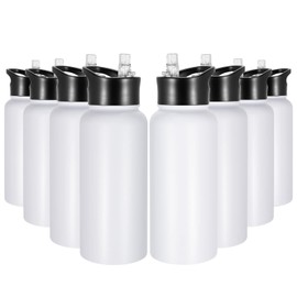 VQRRCKI 32 oz Insulated Water Bottle Bulk 8 Pack, Stainless Steel Sports Water Bottles with Straw Lid & Wide Mouth Lids, Double Walled Vacuum, Leak Proof, White