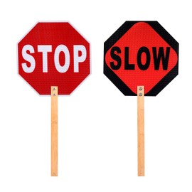 Kichwit Stop Sign, 13" Double Sided Handheld Stop Sign, Street Slow Reflective Sign with Bamboo Handle, Aluminum