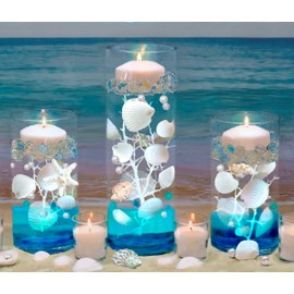 300 Floating White Seashells and a Few Mixed- Coral Reef- Pearls- Aqua Beads- 12 Submersible LED Fairy Lights Strings Warm White (Hidable Submersible Batteries)-Fills 4 Gallons of the Transparent Gels