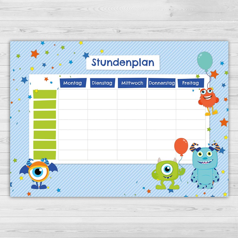 Papierdrachen Timetable DIN A4 Pad – Monster Design – Writeable