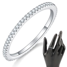 MINDDHA Elegant 14K White Gold Plated Silver Cubic Zirconia Simulated Diamond Stackable Eternity Rings, Metallic Timeless Design, Ideal Gift Material - 1.5mm Thin Bands - Size 7