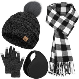 Winter Scarf Hat Earmuffs Gloves, Black Gray Ear Warmer Knitted Beanie Touch Screen Gloves Check Warm Scarf for Women Winter
