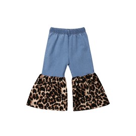 Gureui Toddler Baby Girls Leopard Flare Denim Jeans Pants Elastic Patchwork Wide Leg Bell-Bottoms Ruffle Long Pants Trousers (Blue, 2-3T)