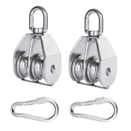 Iceyon 2pcs M32 Double Pulley Block, with 2pcs Carabiner, Heavy Duty 304 Stainless Steel Heavy Duty Swivel Pulley Block, for Lifting, Cable Loading 250kg/551lbs