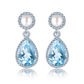 ZhenCai Sky Blue Topaz Drop Earrings for Women Freshwater Pearl Dangle Earrings S925 Sterling Silver November Birthstone Rhodium Plated Fine Jewelry for Gift