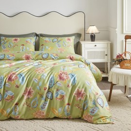 SUSYBAO Green Floral Duvet Cover Queen 100% Egyptian Cotton Retro Flower Duvet Cover 3 Pcs Set 1 Elegant Blue Plant Duvet Cover with Zipper Ties 2 Pillowcases Luxury Soft Pink Flower Bedding Set