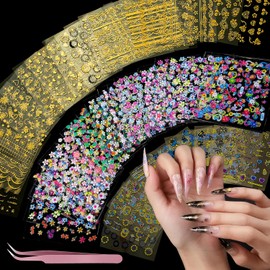 Teenitor - 50 hojas de pegatinas para uñas, pegatinas de flores para uñas, calcomanías florales doradas para el diseño de uñas, accesorios decorativos para uñas para mujeres, niñas, niños, verano