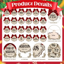 Soaoo 25 Pcs Names of Jesus Ornaments 3 Inch Christmas Religious Ornaments Christ Ornaments Christmas Wood Hanging Decoration with Savior Names and Red Buffalo Plaid Bows Decor (Classic Color)