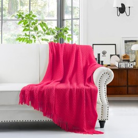 Super Soft Decorative Knit Throw Blanket for Sofa Couch Chair Bed, Lightweight Travel Blanket Nap Throw, Cashmere-like Soft and Cozy, Delicate Weave Pattern with Fringe,Magenta Fushcia,127x152cm