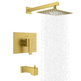 KENES Brushed Gold Tub and Shower Trim Kit, Square Tub Shower Faucet Set Complete with 10-Inch Rainfall Shower Head and Tub Spout, KE-6024A-4 (Shower Valve Included)