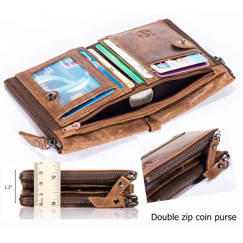 BULLCAPTAIN Genuine Leather Wallet for Men Vintage Bifold with Double