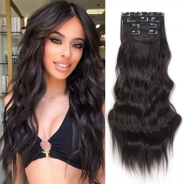 YDDM Clip-In Extensions Black Set of 4 Curly Wave 24