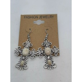 Unbranded Scrolled Southwestern Rhinestone Howlite Cabachon Cross Silver Tone Earrings