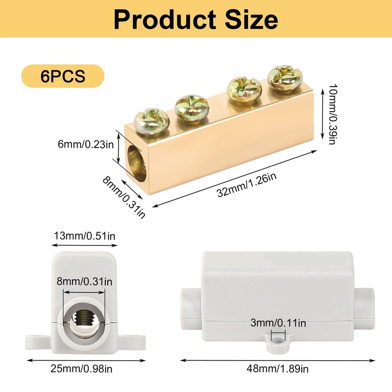 Butt Connectors, Pack of 6 Cable Connectors, Clamp Block, Brass
