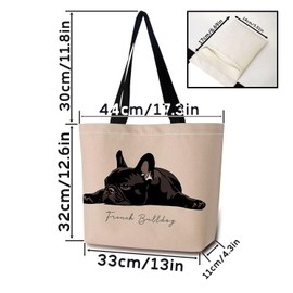 ZhuVantrix French Bulldog Tote Bag Reusable Grocery Bags Aesthetic Shopping Shoulder Handbag with Interior Zipper Pocket Stylish French Bulldog Present for Dog Lovers Women
