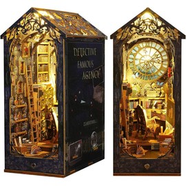 (Detective Agency)DIY Book Nook Mini House Kit - for bookshelf insertion decorative bookcase, 3D wooden jigsaw bookcase, library decoration model with sensor LED lights (Detective Agency)