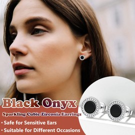 Sterling Silver Stud Earrings Shiny Cubic Zirconia Black Onyx Ear Jewelry Tiny Small Cute Studs Womens Earring Comfort Fits