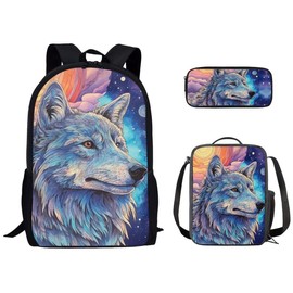 Daulesho Starry Sky Wolf 17" Kids Bookbag with Lunch Box Galaxy Starry Night Wolf School Bag for Preschool Toddler Hand Draw Animal Large Capacity Backpack Set