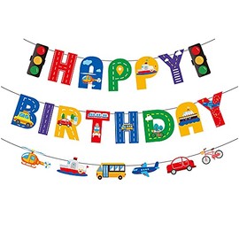 Transportation Happy Birthday Banner Car Bus Train Plane Ship Helicopter Traffic Light Photo Props Garland Theme Birthday Party Decorations for Kids Boys