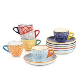 Selamica Ceramic 2 oz Espresso Cups, Small Expresso Coffee Cup Set with Saucers, Porcelain Mini Demitasse Cups for Latte Mocha Tea, Set of 6, Assorted Colors