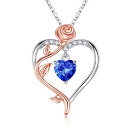 September Birthstone Necklace for Women, 925 Sterling Silver Rose Love Heart Birthstone Jewelry Mothers Valentines Day Christmas Anniversary Birthday Gifts for Mom Wife Daughter Her Blue Sapphire Necklace