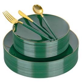 DaYammi 150Pcs Green and Gold Plastic Plates Heavy Duty Gold Rimmed plates Green Plastic Disposable Plates Included 30 Dinner Plate,30 Dessert plate,30 Knives,30 Forks,30 Spoons for Party