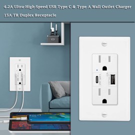 KCMYTONER USB Type C Wall Outlet Dual High Speed Duplex Receptacle 15 Amp, Tamper Resistant, Smart 4.2A Fast Charging Capability, Wall Plate Included UL Listed, Not for laptops, White, 6 PK