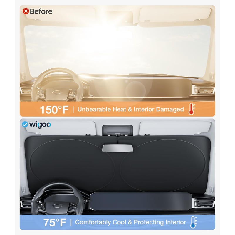 Wigoo 2025 Upgrade Car Windshield Sun Shade [100% Light Block,