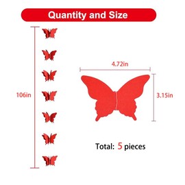 Cadpkler 5 Pack Red Butterfly Paper Garland -3D Butterfly Paper String Banner Decoration - Party Decoration Baby Shower Wedding Birthday Party Decorations (Red)