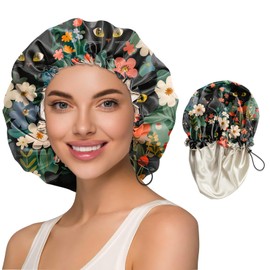Zewurtuw Luxury Shower Cap Adjustable Reusable Double Waterproof Layer Elastic Satin Lined Hair Bath Cap Cute Aesthetic Women Girls-Cat Flower
