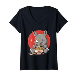 Womens Cute Rhino Eating Ramen Kawaii Rhino Ramen Bowl Animal Art V-Neck T-Shirt