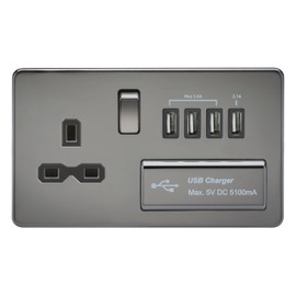 Knightsbridge SFR7USB4BN Screwless 1G 13A Switched Socket with Quad USB Charger 5V Dc 5.1A Nickel with Black Insert