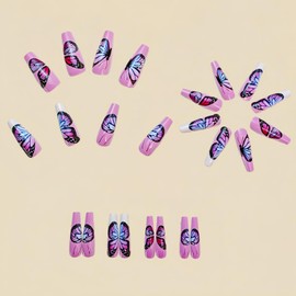 Pink Press on Nails French Fake Nails Butterfly Stick on Nails Glossy Glue on Nails Full Cover Artificial Acrylic False Nails Multiple Colors to Choose from Reusable Nails Kit for Women Girl 24Pcs
