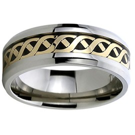 DoubleAccent 8mm Titanium Inlayed Wedding Bands Promise Rings Yellow Tone Mariner Chain Comfort Fit Ring