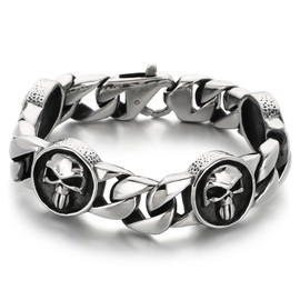 Klapgo Stainless Steel Gothic Skull Bracelet for Men and Women Rock Biker Skull Linked Chunky Chain Bangle with Lobster Clasps Polished Gift for Him
