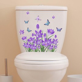 BIBITIME Fresh Green Grass Purple Flower Butterfly Bathroom Tile Decor Sticker Peel and Stick Wall Decal,9.8 inches x 11.81 inches