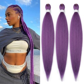 Pre Stretched Braiding Hair Purple Braiding Hair Extensions 26 Inch 3 Packs Yaki Textured Crochet Synthetic Hair Hot Water Setting Crochet Extensions (26 inch, Lavender#)