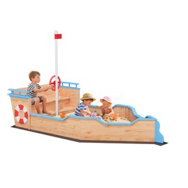 Large Pirate Ship Sandbox, Wooden Sand Box with Seat and Rudder, Playset Outdoor Backyard, Children Outdoor Play, 76''L x 36''W x 76''H
