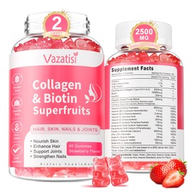 Vazatisi 2 Pack Sugar Free Collagen Gummies for Women Men, Multi Collagen Peptides Gummies Type I II III V X with Biotin Vitamin A B C D E for Hair Skin Nails, Strawberry Flavor, 120 Count