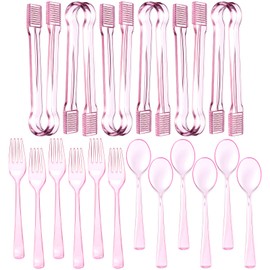 Potchen 18 Pcs Pink Plastic Silverware Set Disposable Clear Mini Serving Utensils 6 Serving Tongs 6 Spoons 6 Forks for Birthday Wedding Baby Shower Bridal Kitchen Food Ice Salad Buffet Party