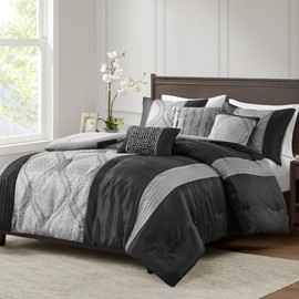 Madison Park King Comforter Set Jacquard Comforters for King Size Bed, Ogee Print, Pleated Trims, All Season Luxurious Comforters King Size Bedding Set, Lori, King/Cal King Black/Silver 6 Piece