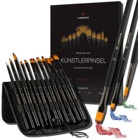 LIEBERGE Premium Acrylic Paint Brush Set - 12 Brushes Without Hair Loss When Painting - Suitable as Acrylic Brush, Watercolour Brush, Oil Brush, Gouache Brush (12)